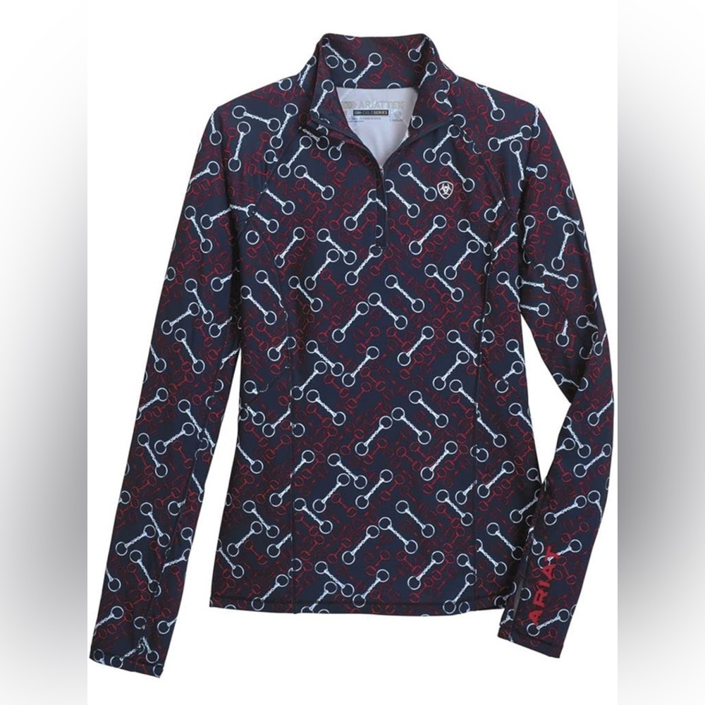 🆕Ariat Lowell 2.0 1/4 Zip Baselayer Team Print -Navy with Red & Silver Bits -SM